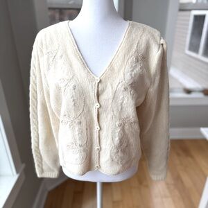 Vintage Susan Bristol Ivory Cream Faux Fur Hand Embroidered Wool Sweater Medium